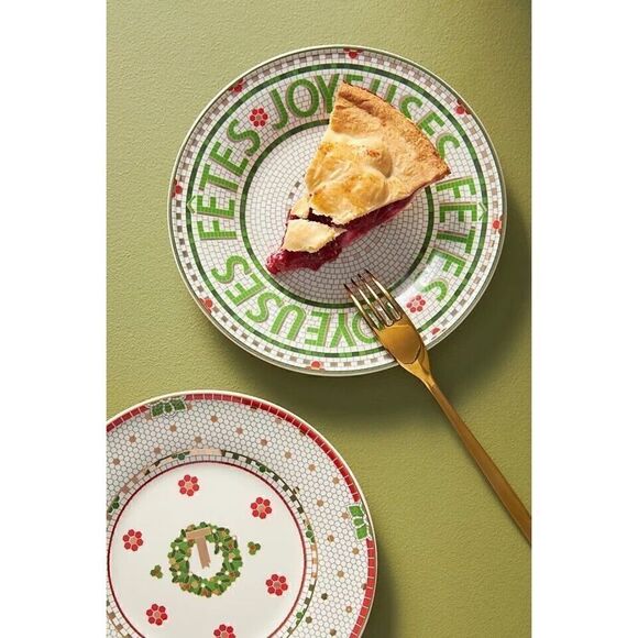Anthropologie Festive Bistro Tile Dessert Plate Wreath Red NEW x 3 plates - Picture 3 of 3